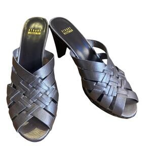 Stuart Weitzman Metallic Basket Weave Studded Mule Slide On Heel Sandal 7.5/8